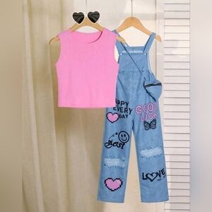 Girl Street Style Denim Overalls Vest Two-Piece Set Pink/White - 10 Years